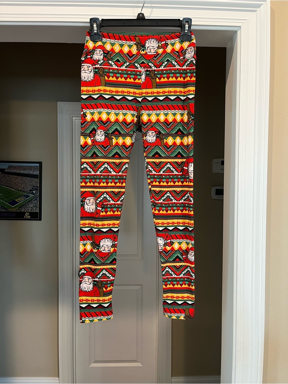 LuLaRoe Holiday Santa Print Leggings in Red, Green, Yellow, Black